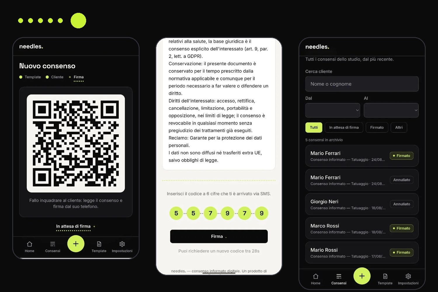 Needles: il QR code da mostrare al cliente, la firma con codice SMS e l'archivio dei consensi
