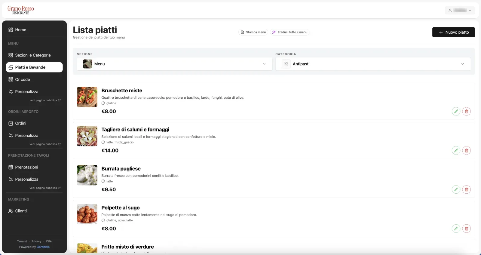 Gestione dei piatti del menu con foto, descrizione, allergeni e prezzo