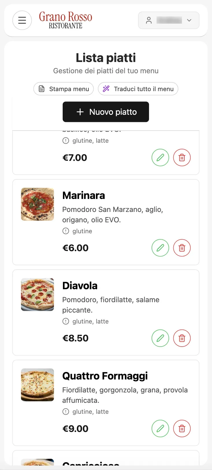 Gestione piatti dal telefono