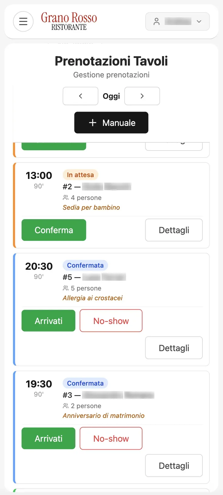 Lista prenotazioni dal telefono con i tasti Conferma, Arrivati e No-show