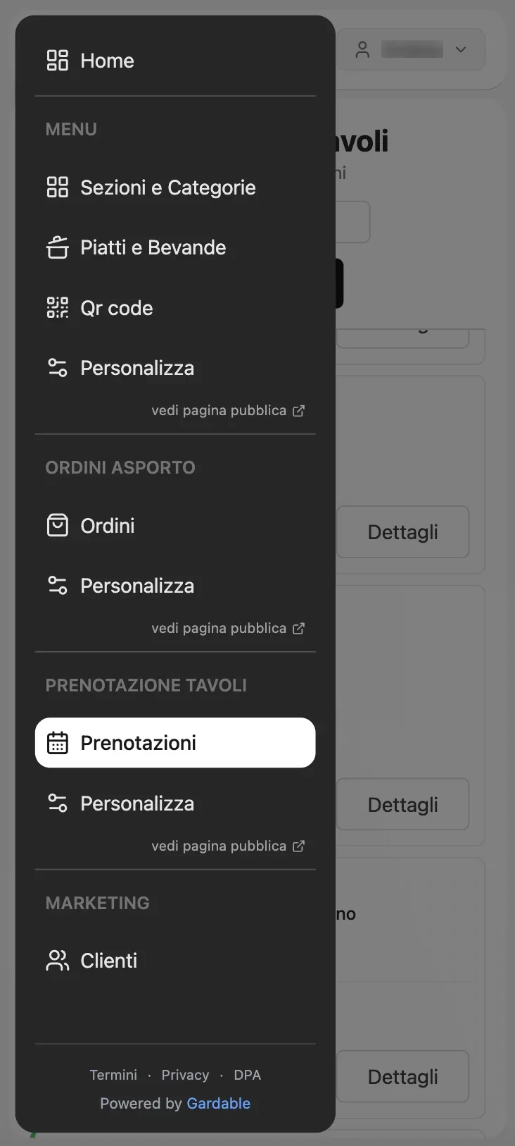 Menu di navigazione del gestionale dal telefono
