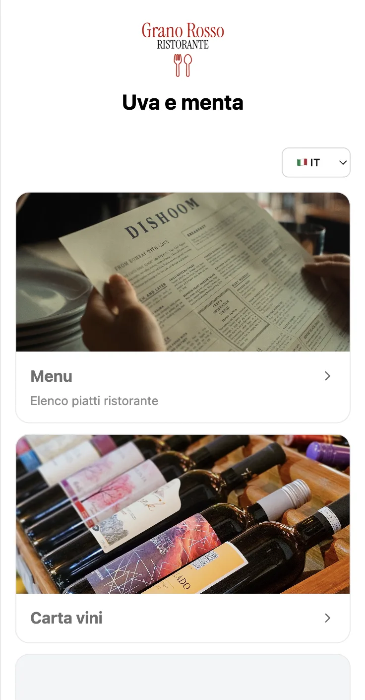 Menu digitale: scelta della sezione (Menu, Carta vini)