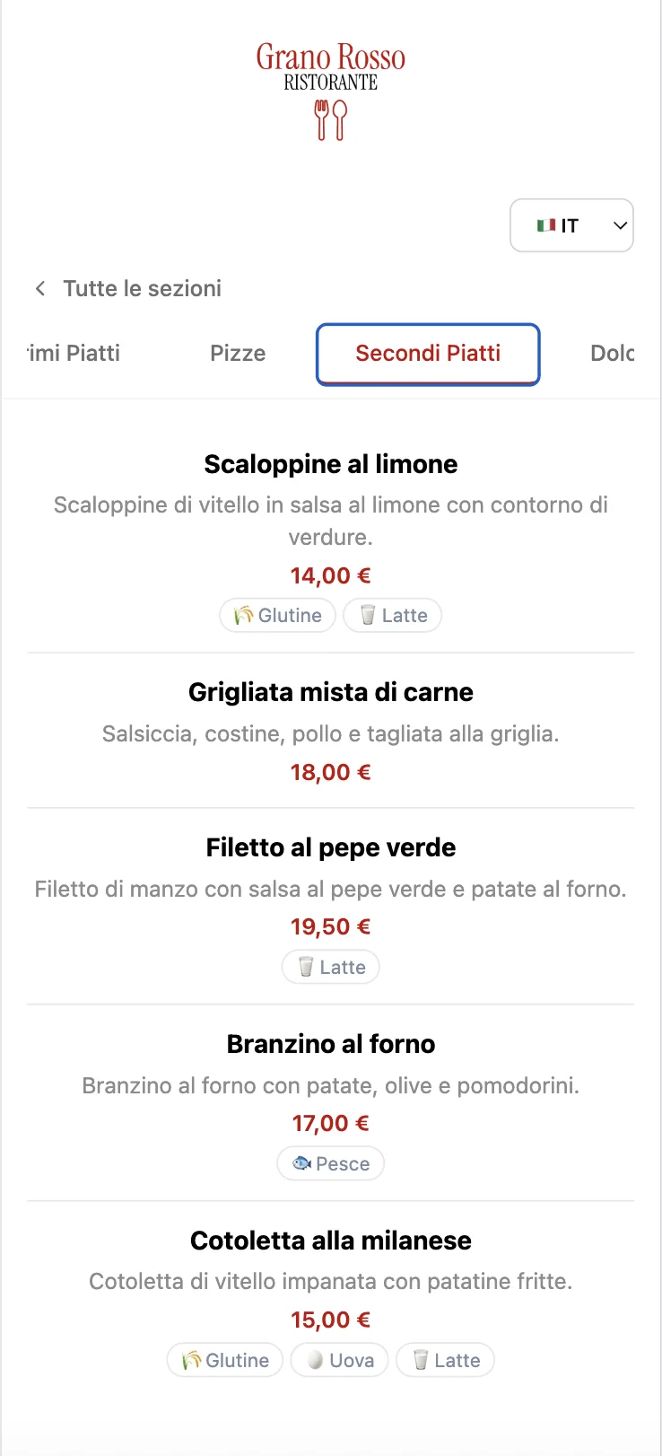 Menu digitale: piatti con descrizione, prezzo e allergeni