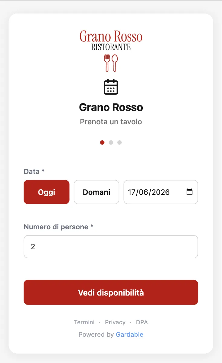 Pagina pubblica di prenotazione: scelta di data e numero di persone