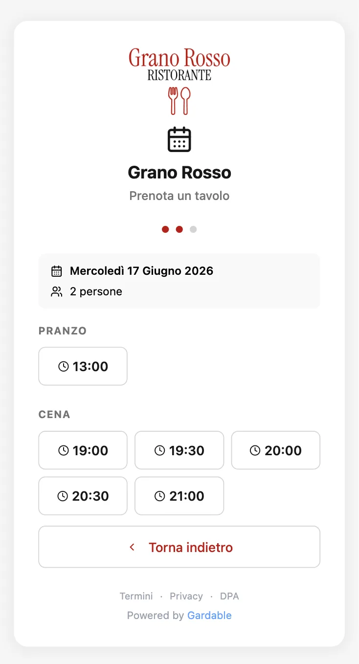 Pagina pubblica di prenotazione: scelta dell'orario per pranzo o cena